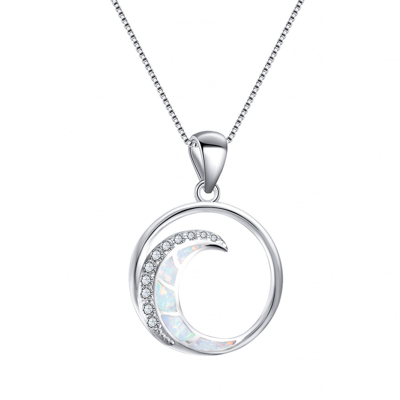 Anhänger, Weißgold, Weiße Diamanten, Mondförmiger glänzender Kreis Schmuck