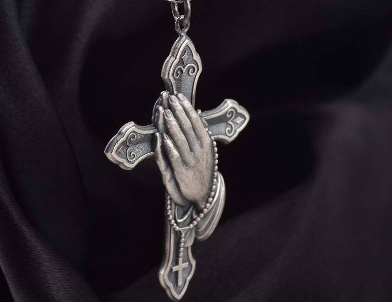 Vintage Silber Metallic Kreuz Anhänger Halskette Herren Damen Klassische handgefasste Gebetskette Schmuck
