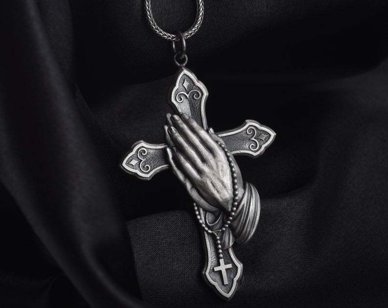 Vintage Silber Metallic Kreuz Anhänger Halskette Herren Damen Klassische handgefasste Gebetskette Schmuck