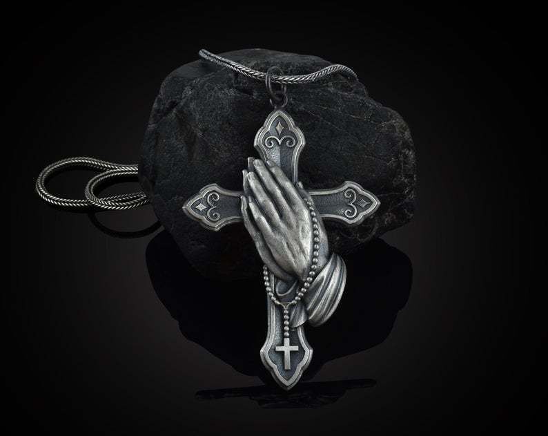 Vintage Silber Metallic Kreuz Anhänger Halskette Herren Damen Klassische handgefasste Gebetskette Schmuck