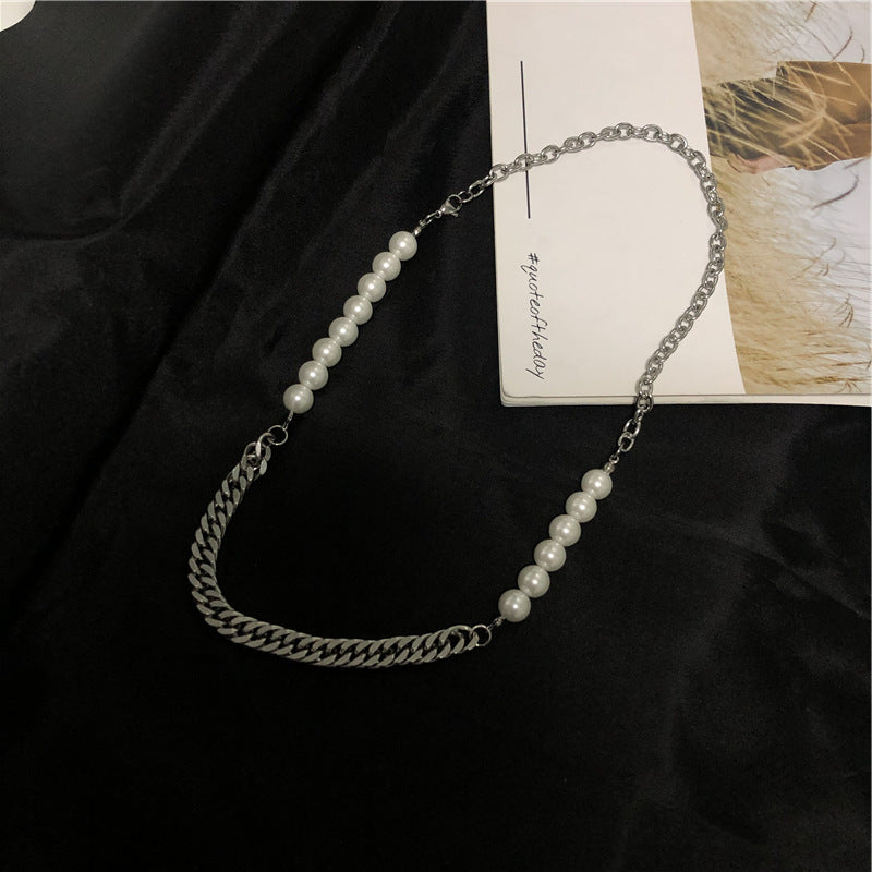 Collar de perlas con costura de cadena de acero de titanio estilo hip hop