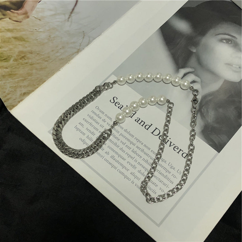 Collar de perlas con costura de cadena de acero de titanio estilo hip hop