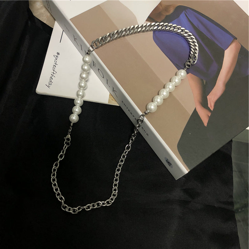 Collar de perlas con costura de cadena de acero de titanio estilo hip hop