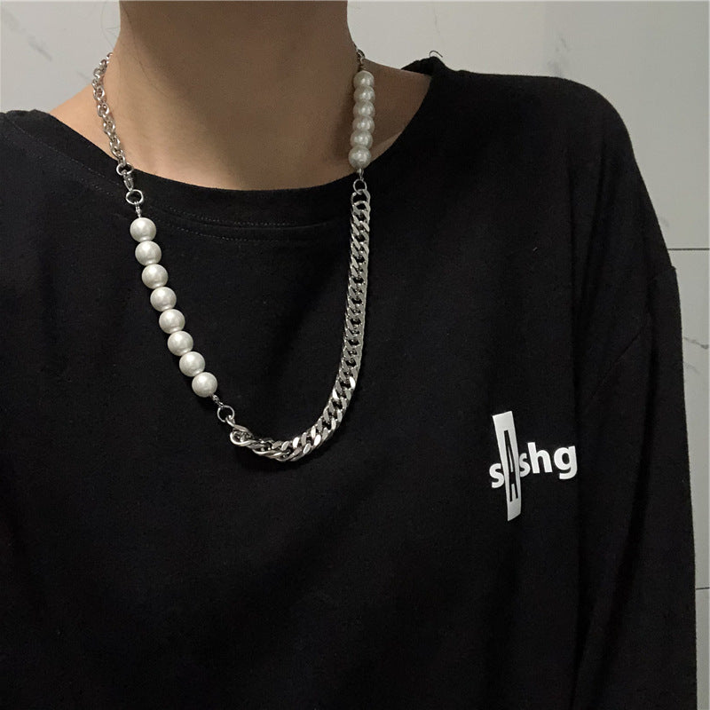 Collar de perlas con costura de cadena de acero de titanio estilo hip hop