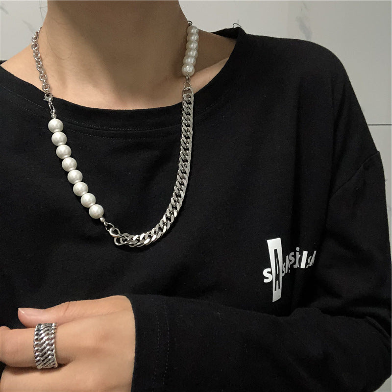 Collar de perlas con costura de cadena de acero de titanio estilo hip hop