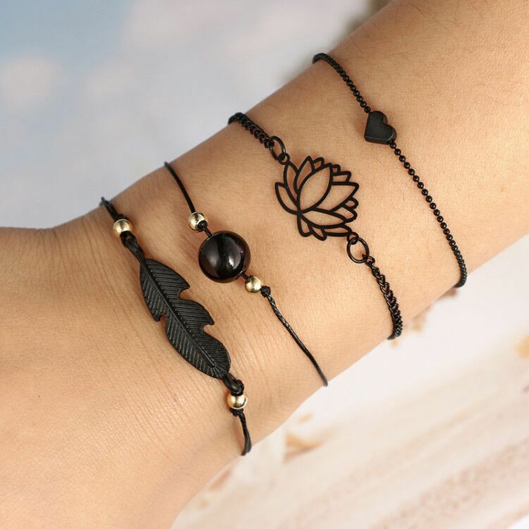 Vierteilige Black PearlLove Blatt Lotus Armband Kombination