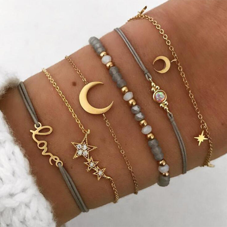 Combinación de Pulseras de Perlas Negras y Hojas de Loto (4 Piezas)