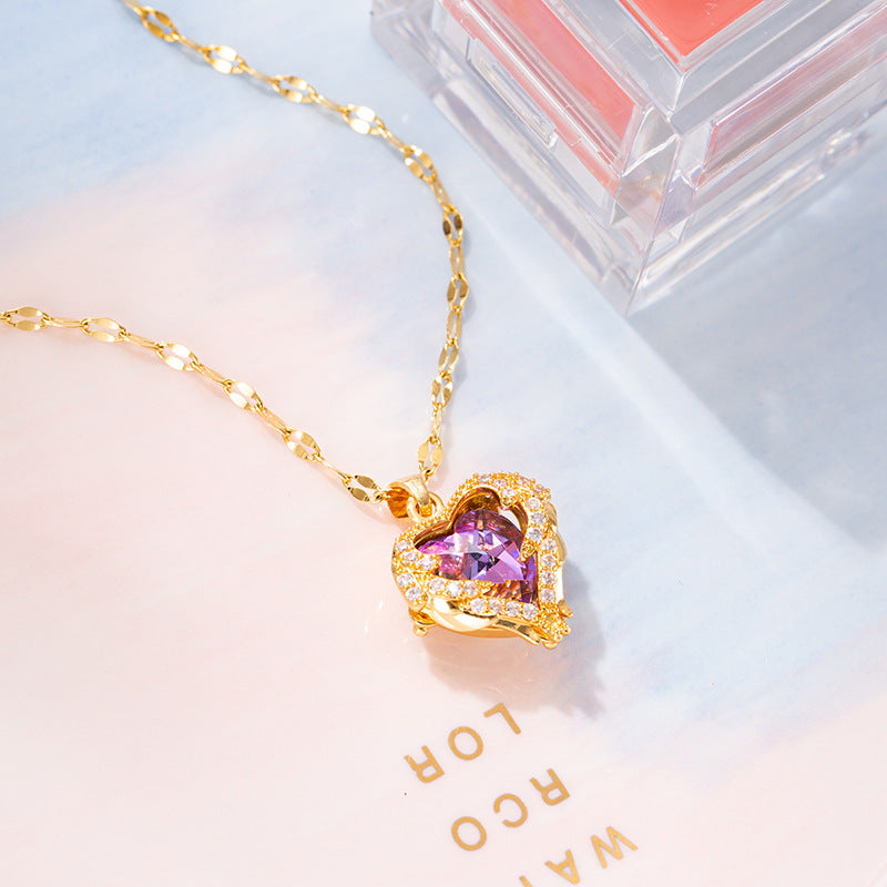 Ozean Herz Titan Stahl Halskette Weiblich Ins Liebe Farb Kristall Anhänger 18k Gold Schlüsselbein Kette