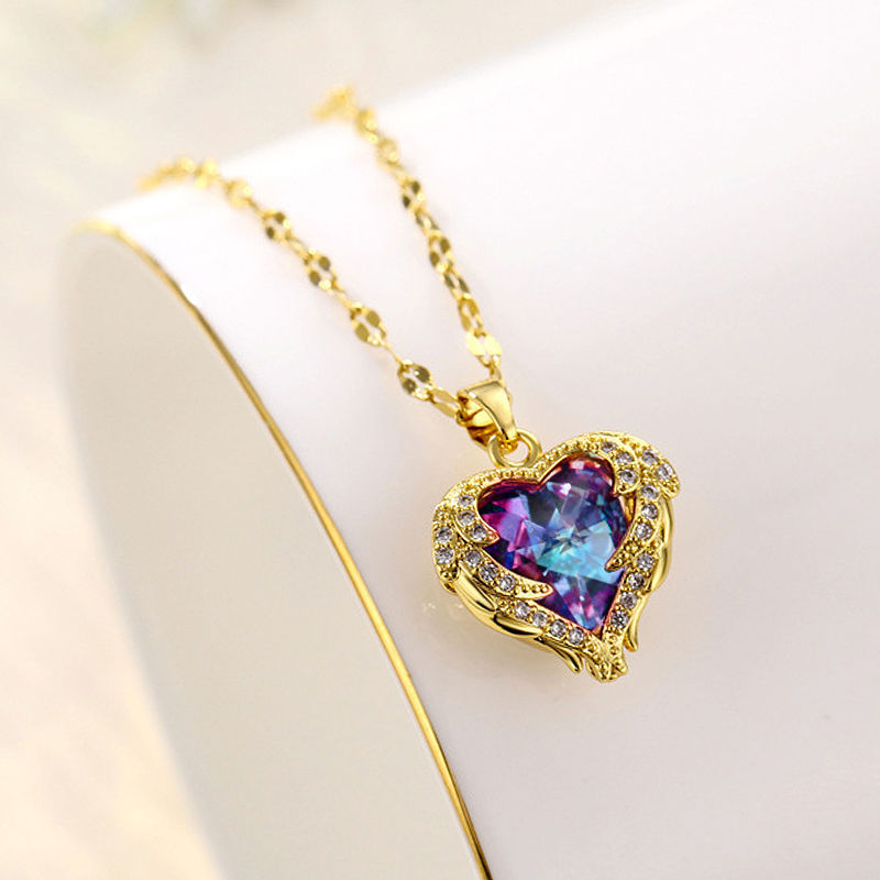 Ozean Herz Titan Stahl Halskette Weiblich Ins Liebe Farb Kristall Anhänger 18k Gold Schlüsselbein Kette