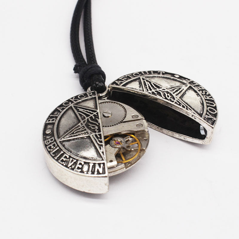 Gothic Steampunk Antik Silber Fünfzackiger Stern Mechanisches Uhrwerk Offene Lederkette Für Herren Und Damen