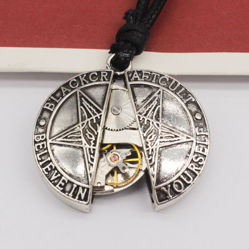 Gothic Steampunk Antik Silber Fünfzackiger Stern Mechanisches Uhrwerk Offene Lederkette Für Herren Und Damen