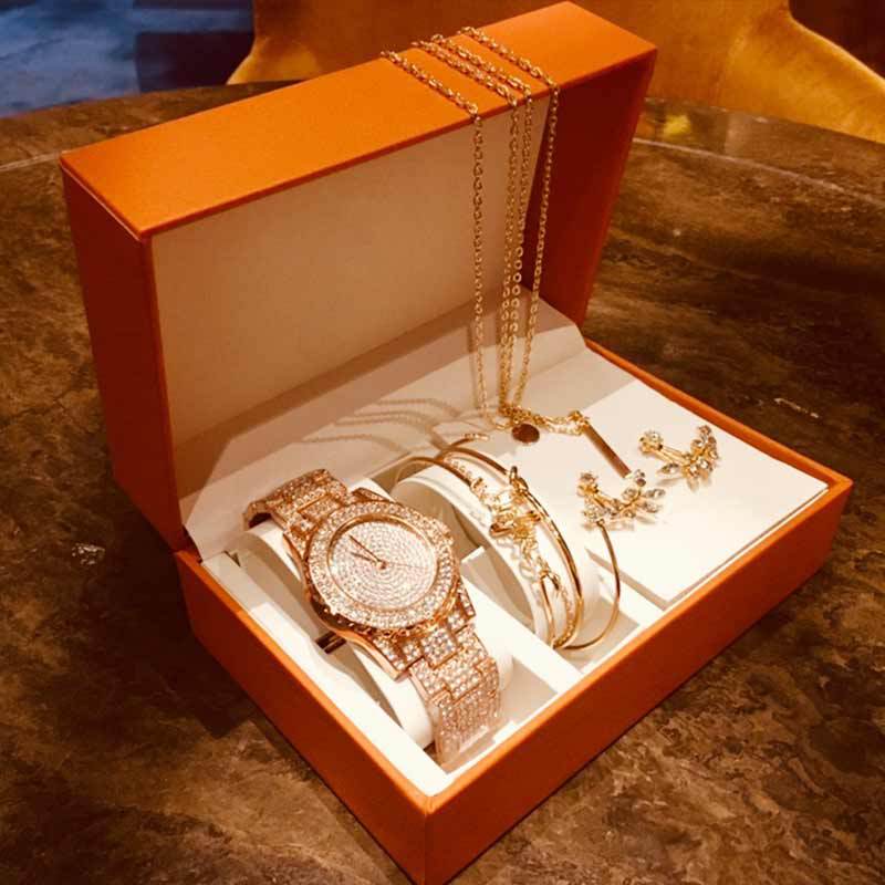Mode Kreative Diamant Voll Diamant Runde Uhr Blatt Armband Set Ohrringe Halskette