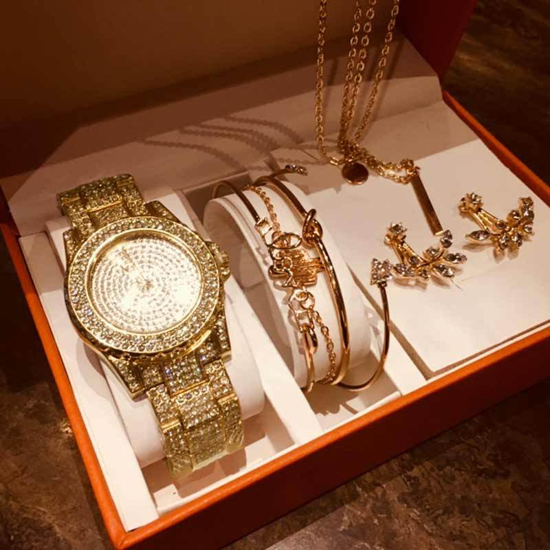 Mode Kreative Diamant Voll Diamant Runde Uhr Blatt Armband Set Ohrringe Halskette