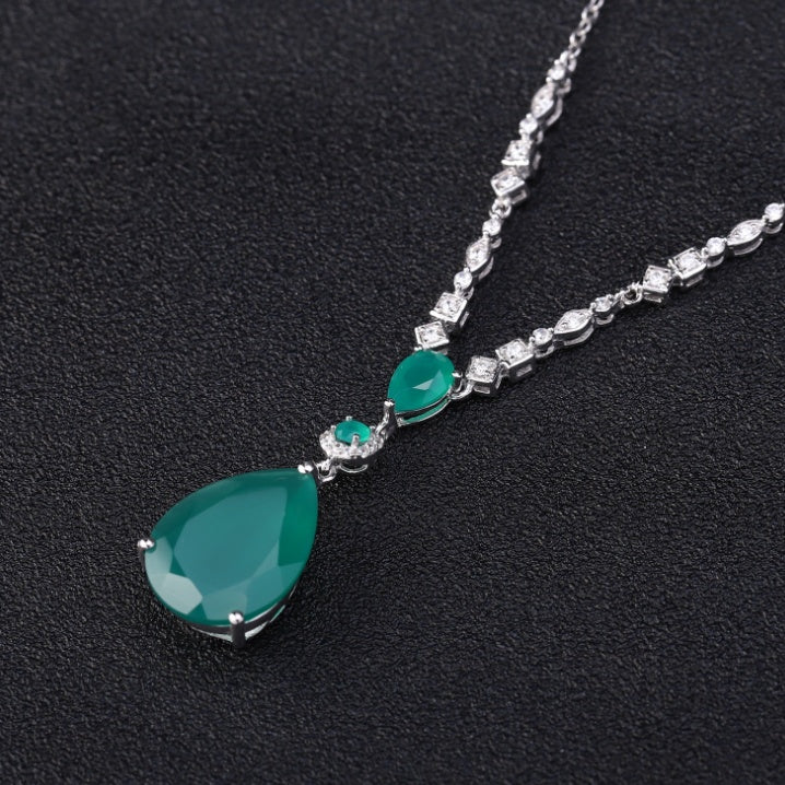 Colgante de plata de ágata verde de piedra natural, colgante de collar de cristal de plata S925 con incrustaciones de gemas de personalidad europea y americana