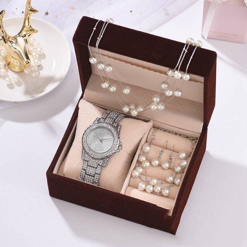 Diamant Armbanduhr Perlenarmband Ohrringe Halskette Set für Damen