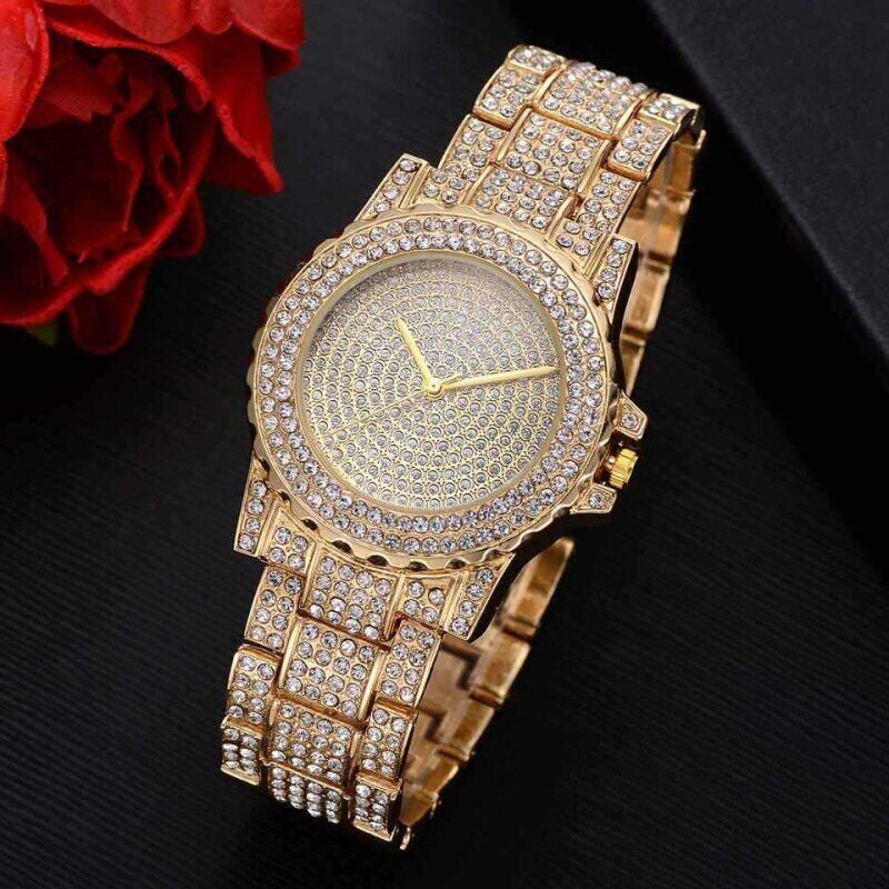 Diamant Armbanduhr Perlenarmband Ohrringe Halskette Set für Damen