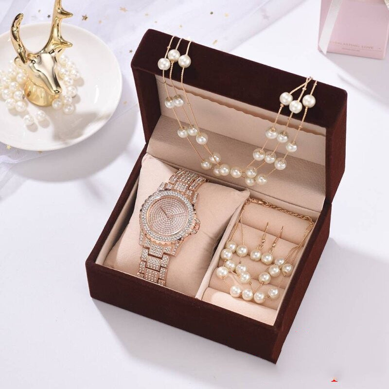 Diamant Armbanduhr Perlenarmband Ohrringe Halskette Set für Damen