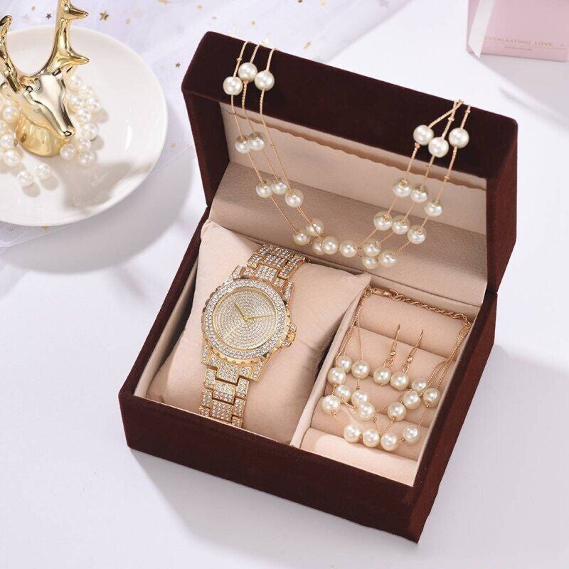 Juego de collar, pendientes y pulsera de perlas con reloj de diamante para mujer