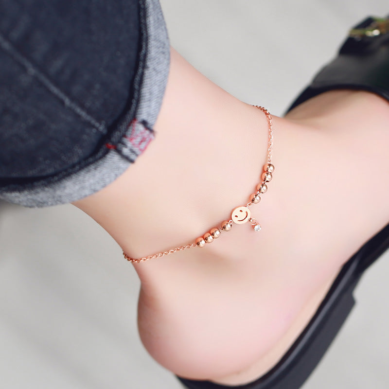 Versión coreana de la tobillera de sonrisa, joyería de tobillo fresca de verano para mujer, regalo para novias, tobillera de circonita con cuentas y caritas sonrientes a la moda