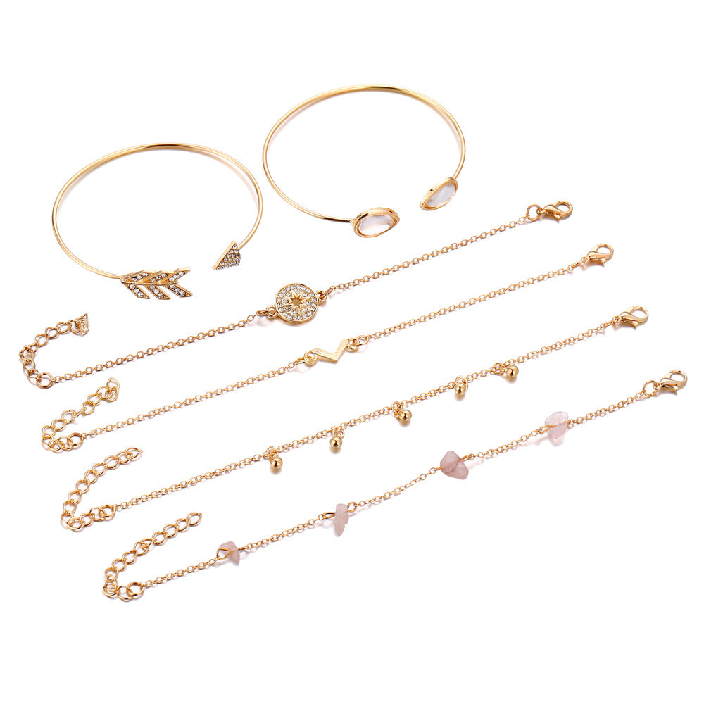 Europa Estados Unidos Adornos de mano populares transfronterizos Nuevo conjunto de pulseras de seis piezas en forma de V de ojo de gato y piedra rota en stock