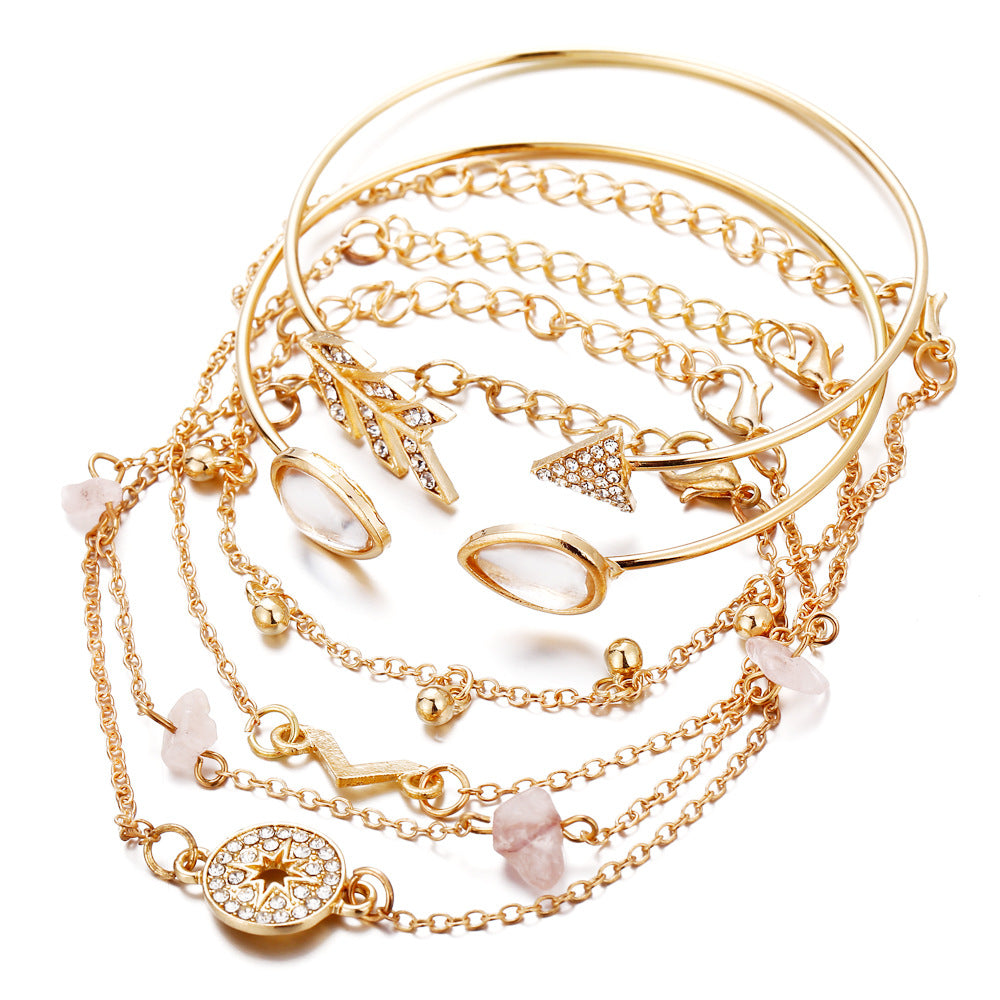 Europa Estados Unidos Adornos de mano populares transfronterizos Nuevo conjunto de pulseras de seis piezas en forma de V de ojo de gato y piedra rota en stock