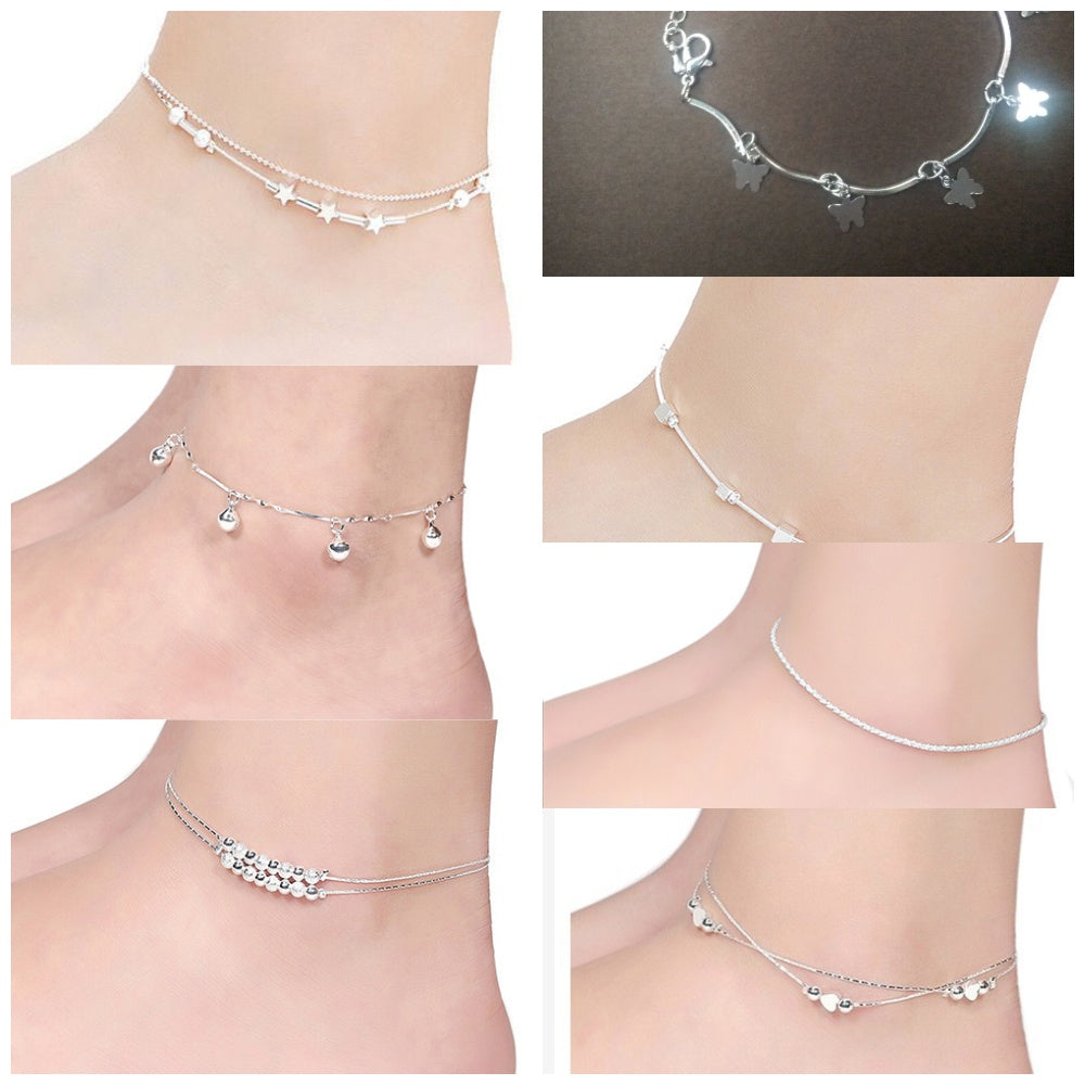 Tobillera de plata, tobillera de corazón de melocotón, campana, pentagrama, cuenta cuadrada redonda, tobillera de mariposa