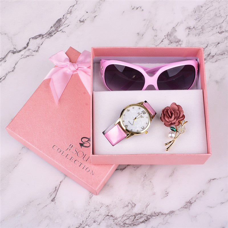 Reloj de Pulsera de Cuarzo de Cuero para Mujer, Gafas de Sol, Corsage, 3 Piezas, Regalo de Navidad para Niña, Regalo de Año Nuevo, Caja de Regalo para Dama