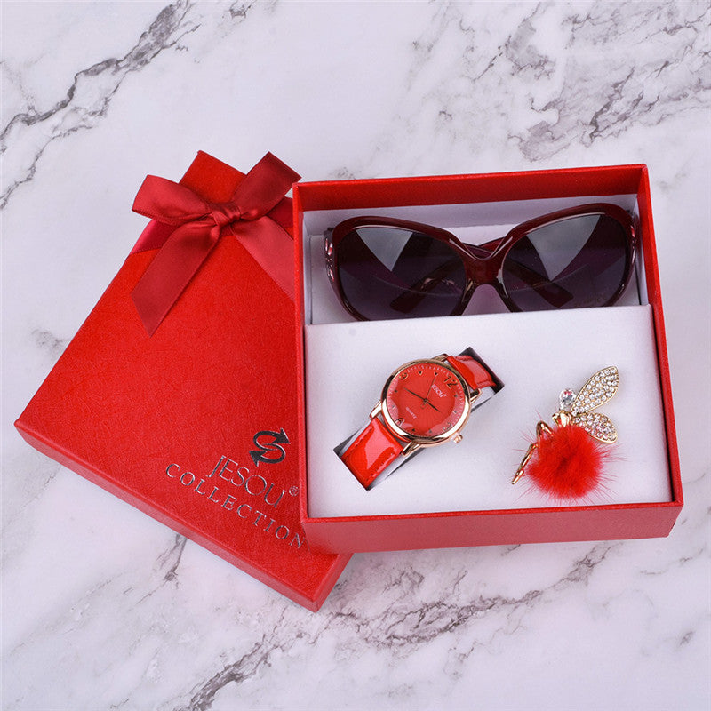Reloj de Pulsera de Cuarzo de Cuero para Mujer, Gafas de Sol, Corsage, 3 Piezas, Regalo de Navidad para Niña, Regalo de Año Nuevo, Caja de Regalo para Dama