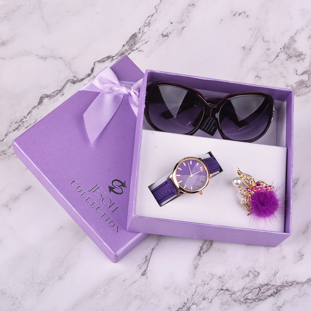 Reloj de Pulsera de Cuarzo de Cuero para Mujer, Gafas de Sol, Corsage, 3 Piezas, Regalo de Navidad para Niña, Regalo de Año Nuevo, Caja de Regalo para Dama