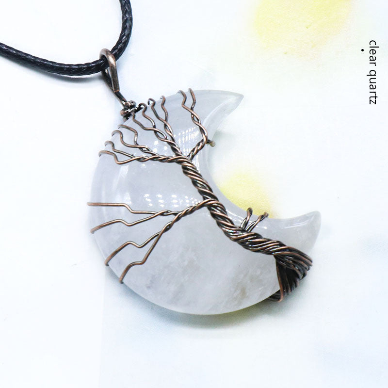 Mond umwickelter Anhänger Rosa Kristall Obsidian Weißer Kristall Opal Lederband Halskette