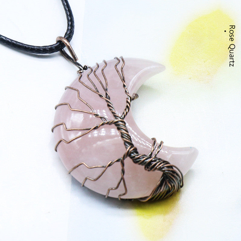 Mond umwickelter Anhänger Rosa Kristall Obsidian Weißer Kristall Opal Lederband Halskette