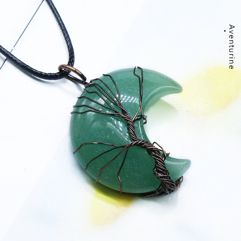 Mond umwickelter Anhänger Rosa Kristall Obsidian Weißer Kristall Opal Lederband Halskette