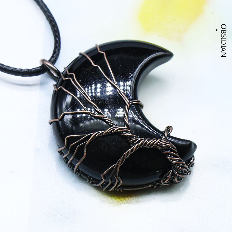 Mond umwickelter Anhänger Rosa Kristall Obsidian Weißer Kristall Opal Lederband Halskette
