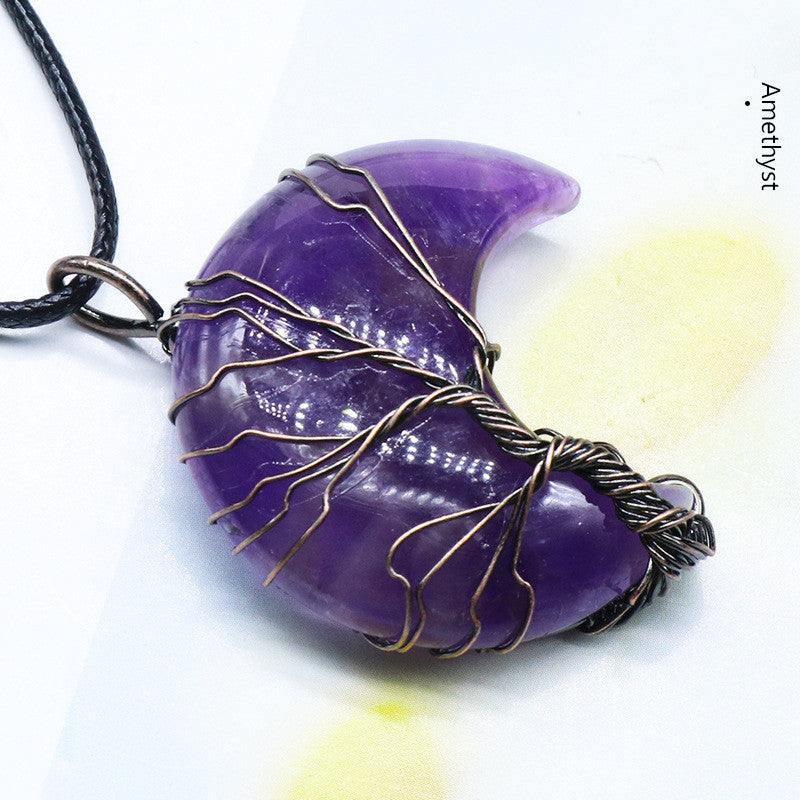 Mond umwickelter Anhänger Rosa Kristall Obsidian Weißer Kristall Opal Lederband Halskette