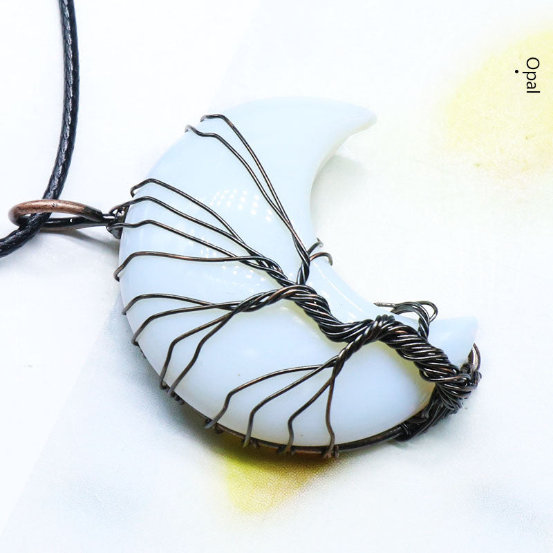 Mond umwickelter Anhänger Rosa Kristall Obsidian Weißer Kristall Opal Lederband Halskette