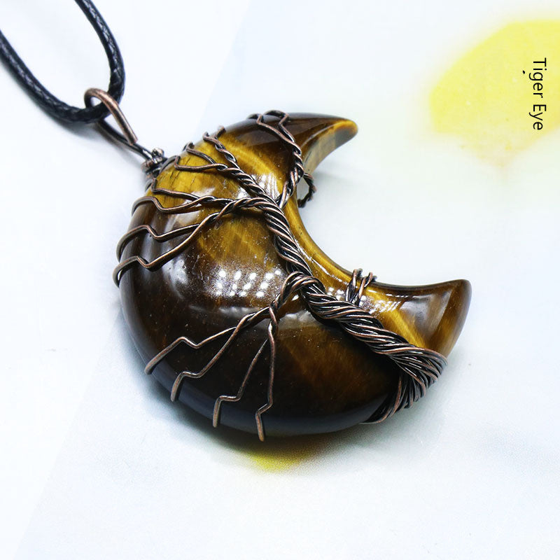 Mond umwickelter Anhänger Rosa Kristall Obsidian Weißer Kristall Opal Lederband Halskette