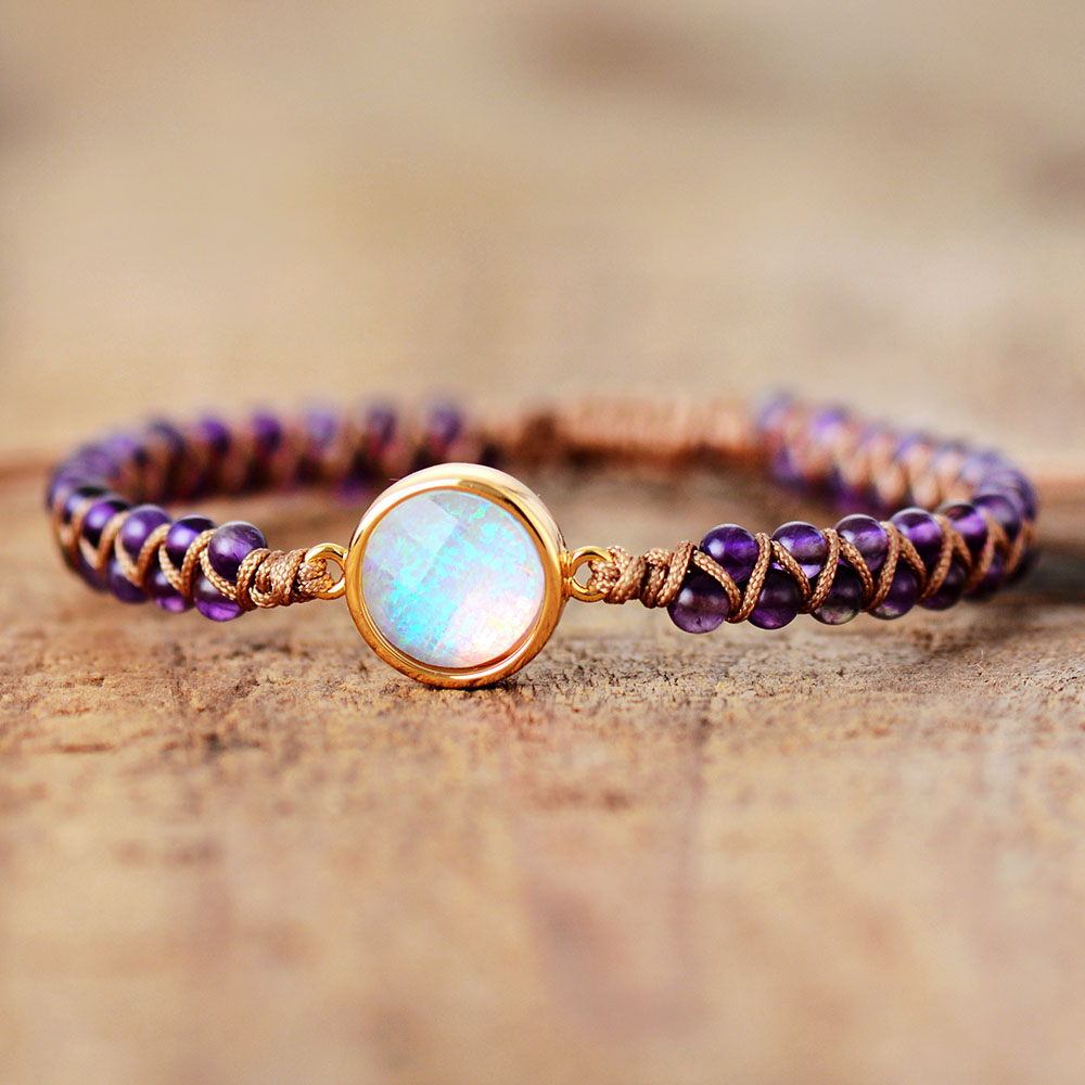 Pulseras de piedra envueltas para mujer, amatistas, ópalo, pulsera trenzada de cuerda, pulsera de la amistad de yoga, joyería bohemia