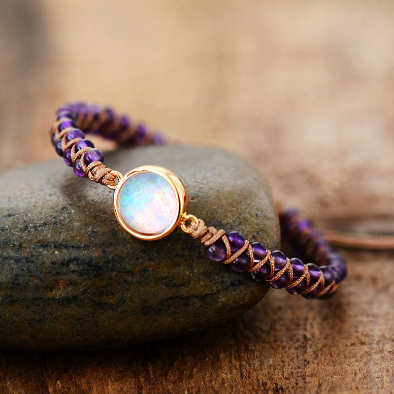 Pulseras de piedra envueltas para mujer, amatistas, ópalo, pulsera trenzada de cuerda, pulsera de la amistad de yoga, joyería bohemia