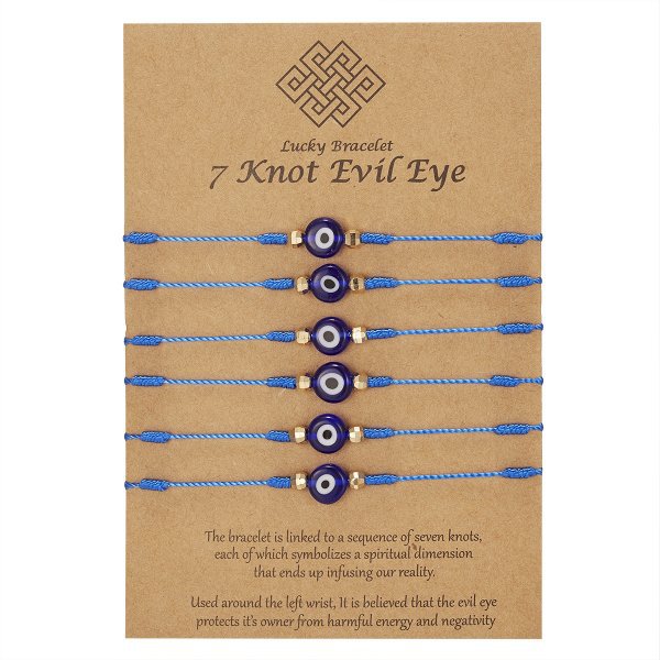Neues 7-Knoten-Armband mit bösem Blick, 6er-Pack, blaues Auge, Papierkarte, geflochtenes verstellbares Armband