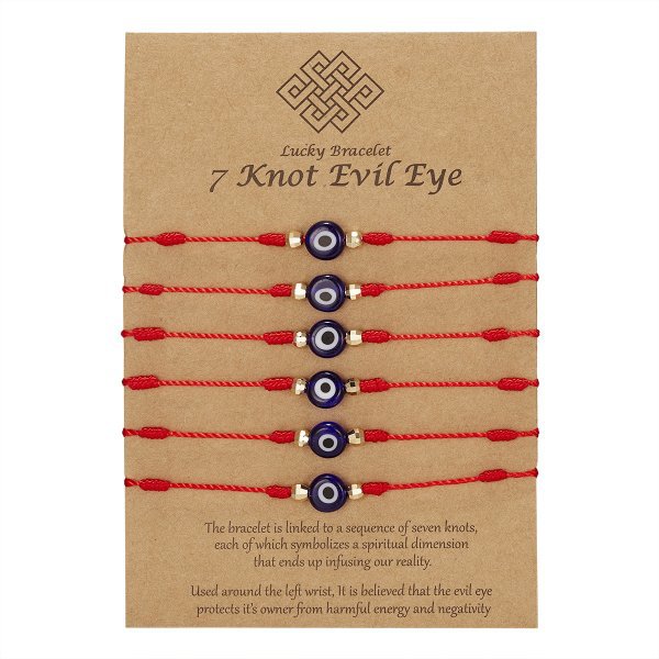 Neues 7-Knoten-Armband mit bösem Blick, 6er-Pack, blaues Auge, Papierkarte, geflochtenes verstellbares Armband