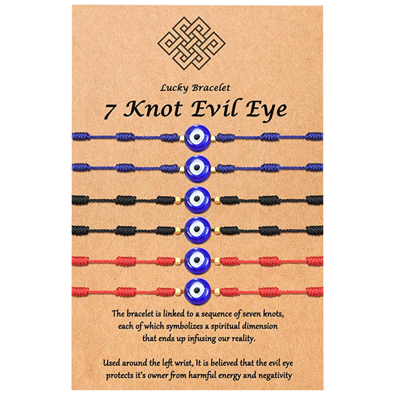 Neues 7-Knoten-Armband mit bösem Blick, 6er-Pack, blaues Auge, Papierkarte, geflochtenes verstellbares Armband
