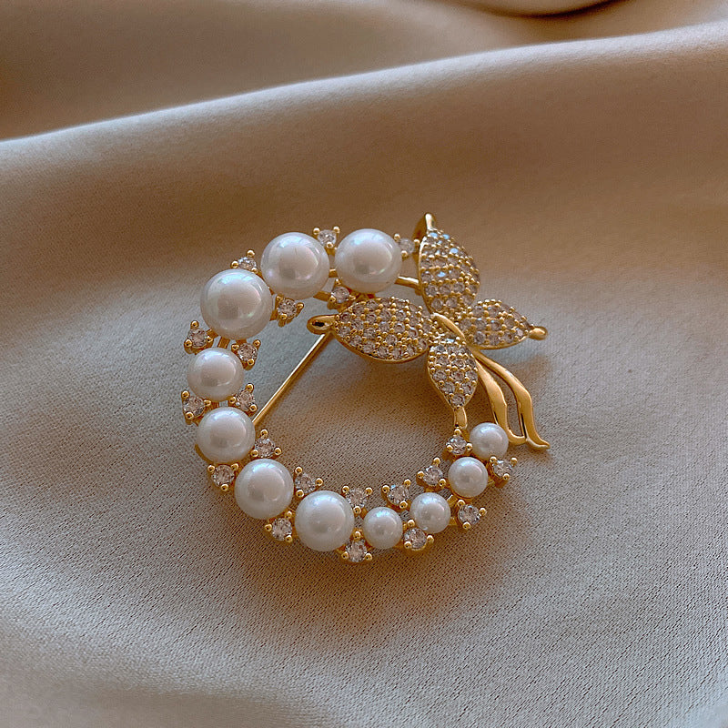 Vintage Diamantbesetzter Schmetterling Perlenring Brosche Modestil Dongdaemun