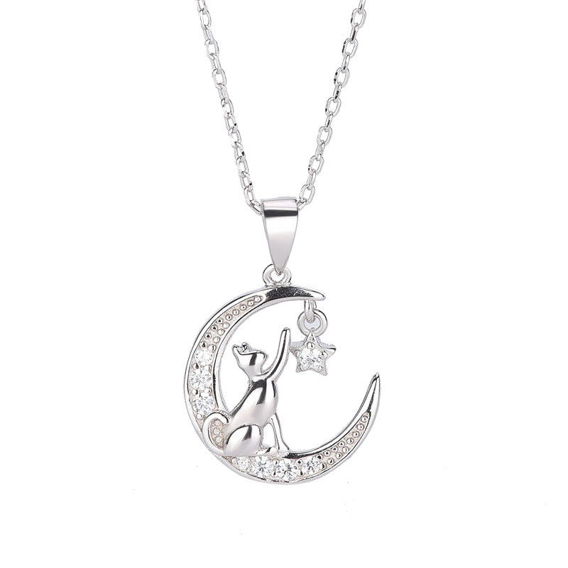 S925 Silber schlichtes Temperament Mondkatze Zirkon Anhänger