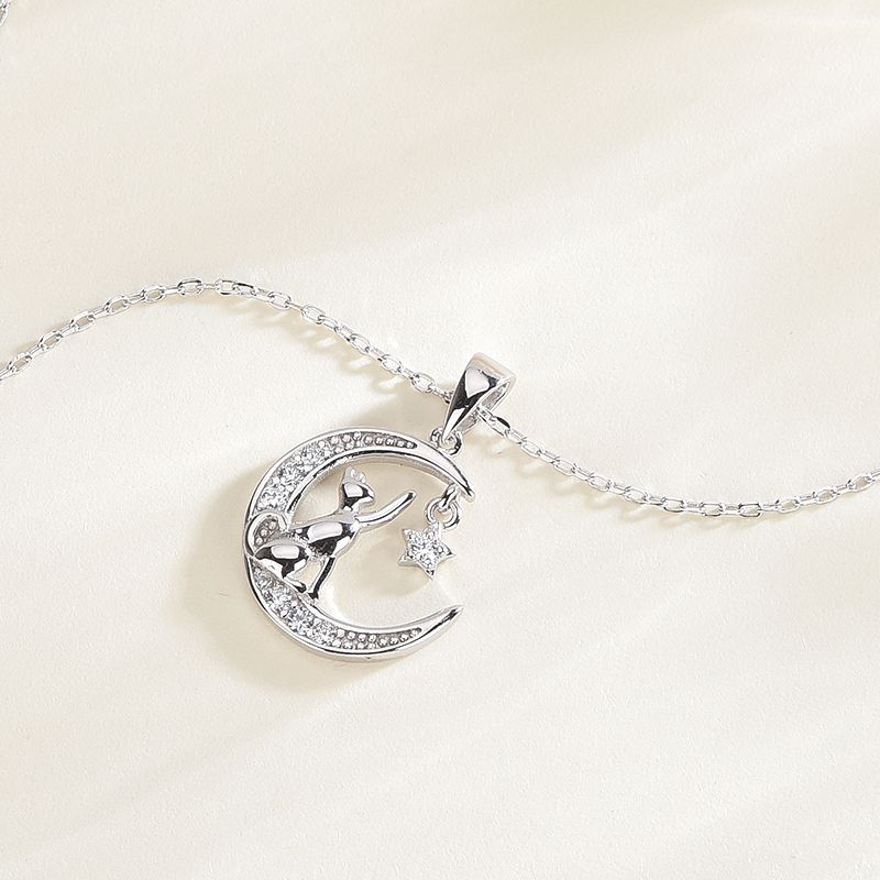 S925 Silber schlichtes Temperament Mondkatze Zirkon Anhänger