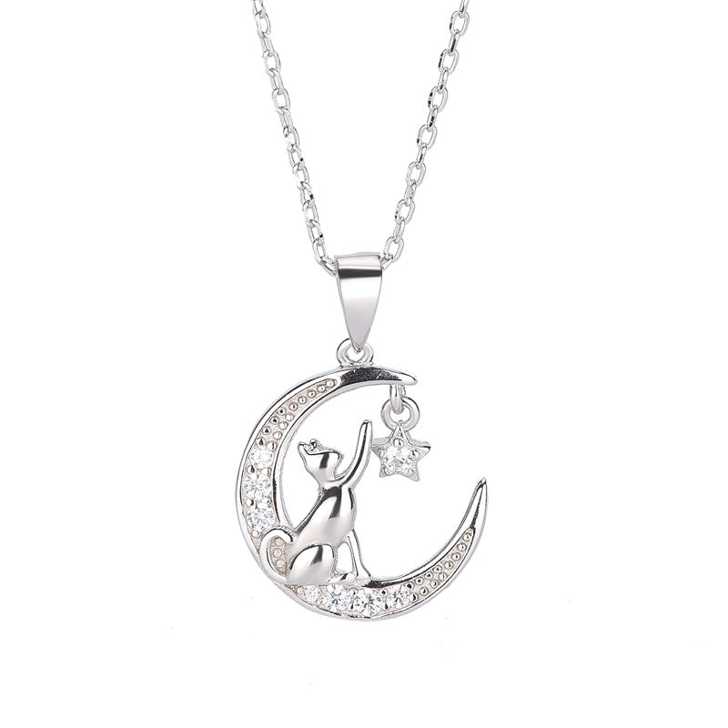 S925 Silber schlichtes Temperament Mondkatze Zirkon Anhänger