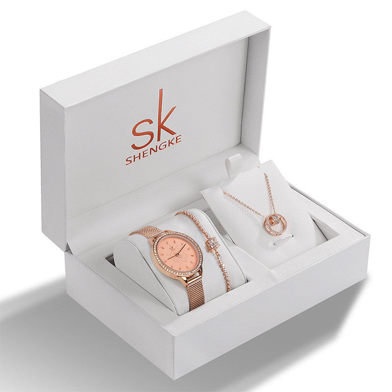 Damen Set Strass Schmuck Armband Halskette Gedenkuhr