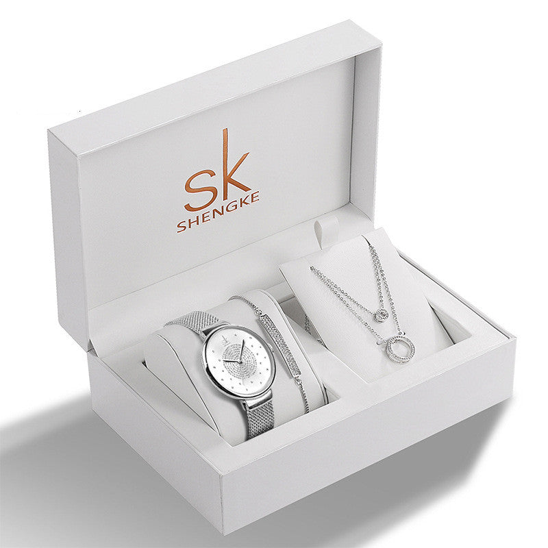 Damen Set Strass Schmuck Armband Halskette Gedenkuhr