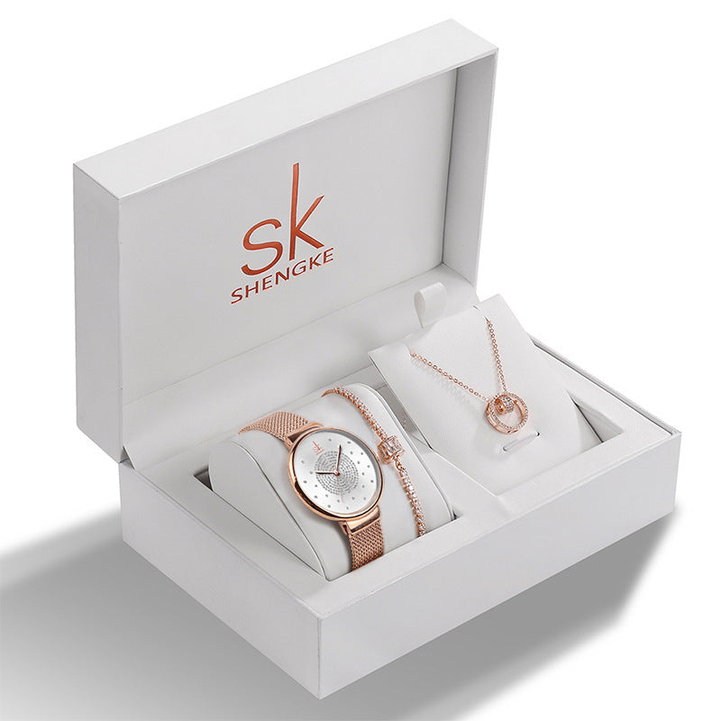 Damen Set Strass Schmuck Armband Halskette Gedenkuhr
