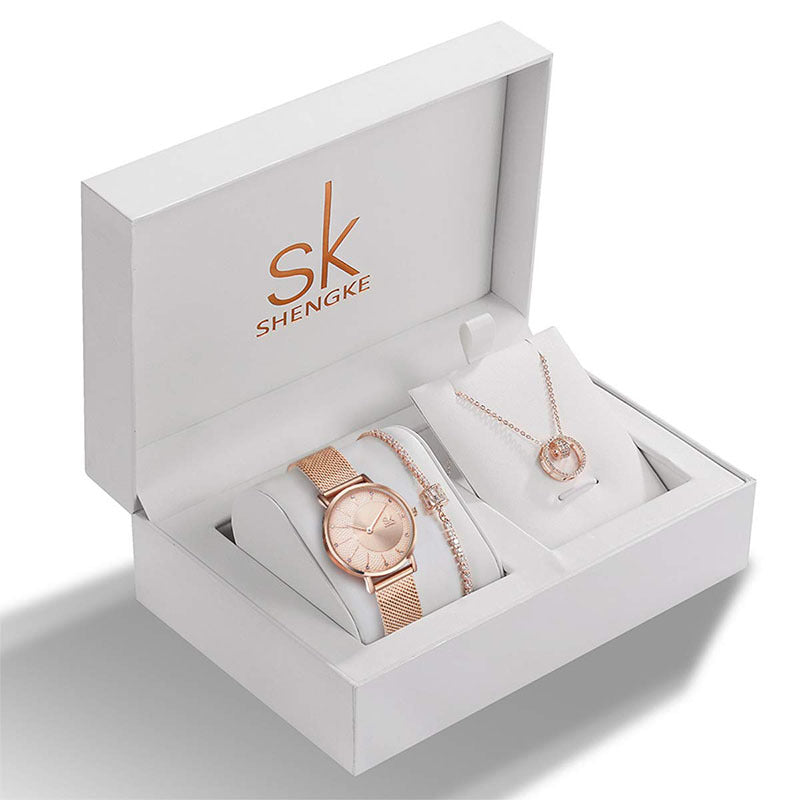 Damen Set Strass Schmuck Armband Halskette Gedenkuhr