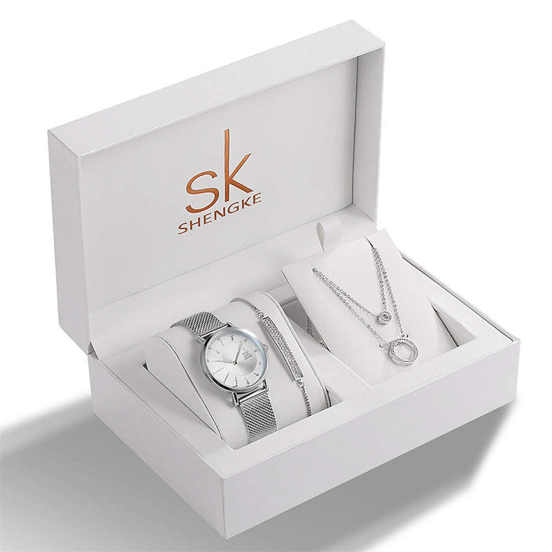 Damen Set Strass Schmuck Armband Halskette Gedenkuhr